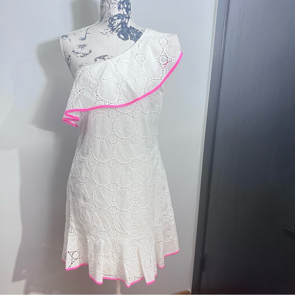 Sail to Sable White with Pink Trim One Shoulder Dress - Size 6 NWT